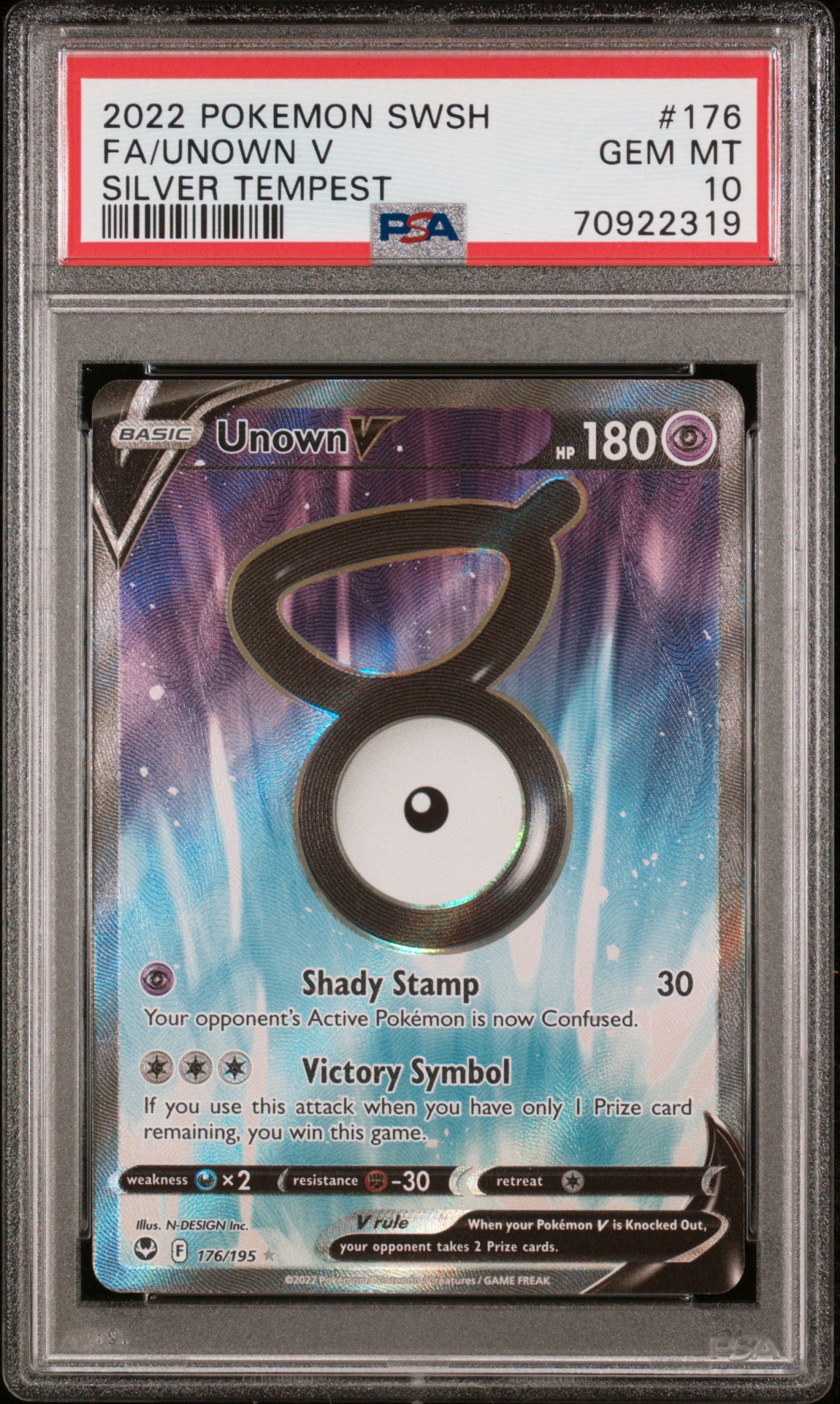 2022 POKEMON SWORD & SHIELD SILVER TEMPEST #176 FULL ART/UNOWN V | PSA 10